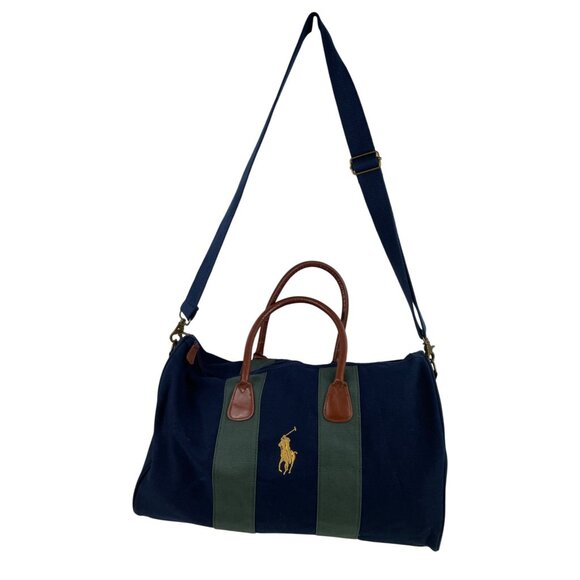 Ralph Lauren Polo Canvas Duffle Bag Leather Accents Adjustable Strap Navy Green - Picture 1 of 14